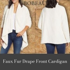 BOBEAU Plush Faux Fur Draped-Open-Front Hi-Lo Mid Length Cardigan-LG NWT